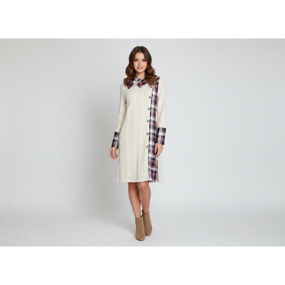 Womens M Cable Knit Hooded Dress Plaid Print Long Sleeve Mock Button - Picture 1 of 13